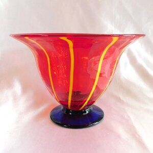 Red Art Glass Bowl with Yellow Stripes and Blue Base # 25350